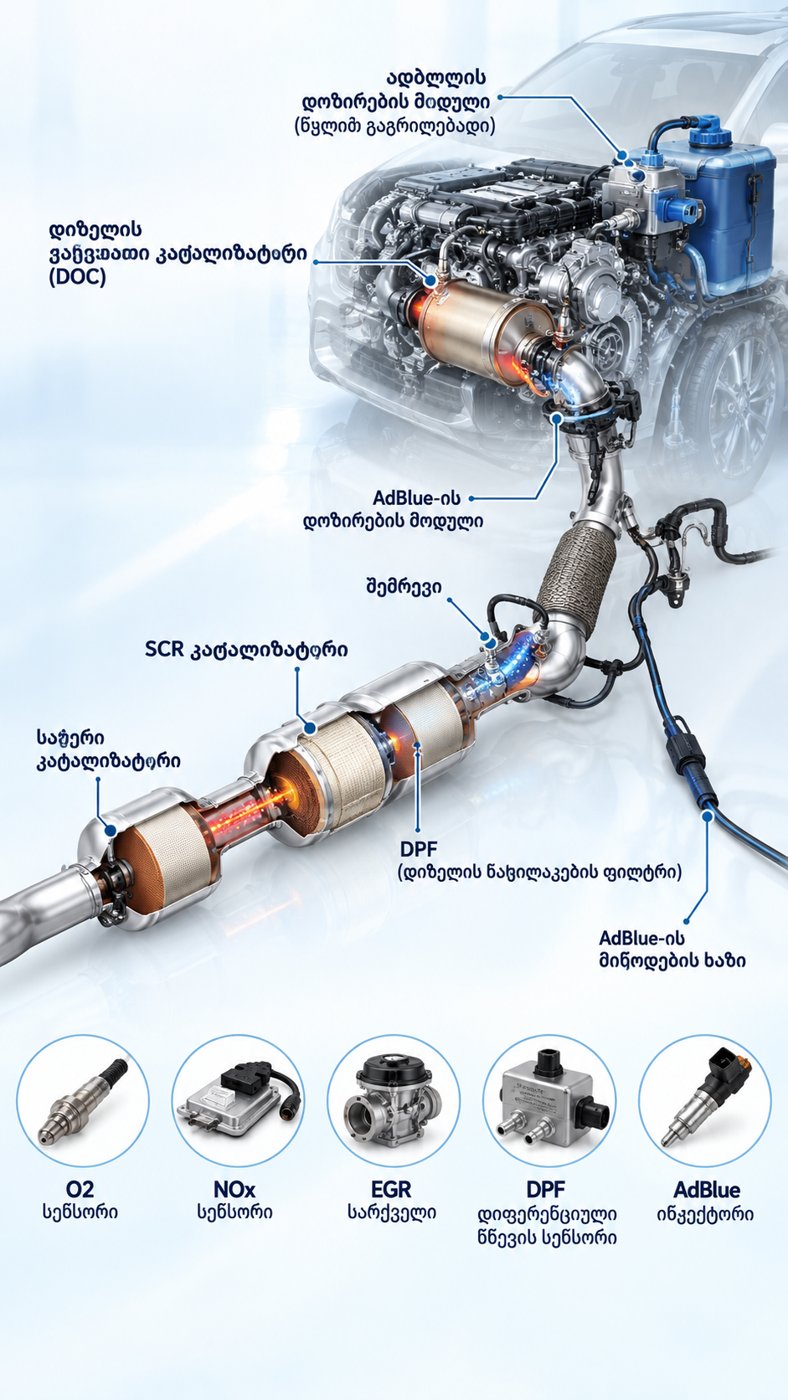 დიზელის ემისიის სისტემა — DPF, EGR, SCR, AdBlue